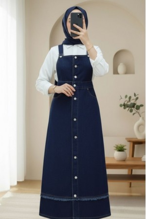 Eteği Püskül Detaylı Önü Düğmeli Cepli Kot Salopet -Laci