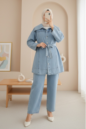Beli Kemerli Önü Düğmeli Pantolonlu Kot Takım -Buz Mavi