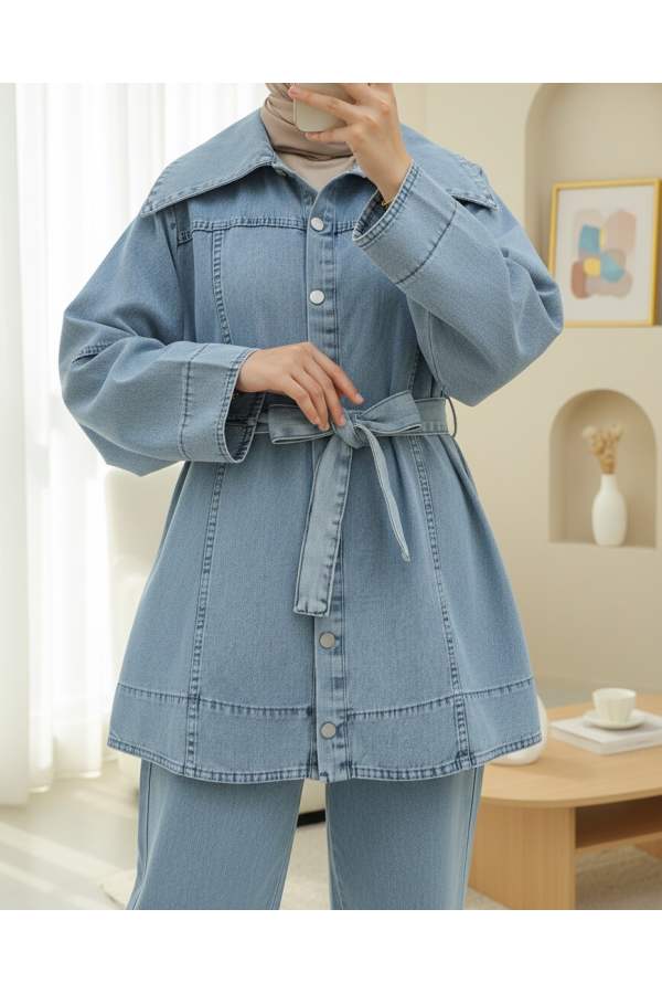 Denim Suit with Belted Waist and Buttoned Front Trousers -Ice Blue
