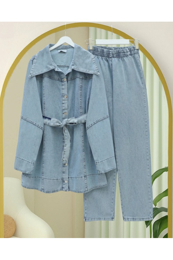 Denim Suit with Belted Waist and Buttoned Front Trousers -Ice Blue
