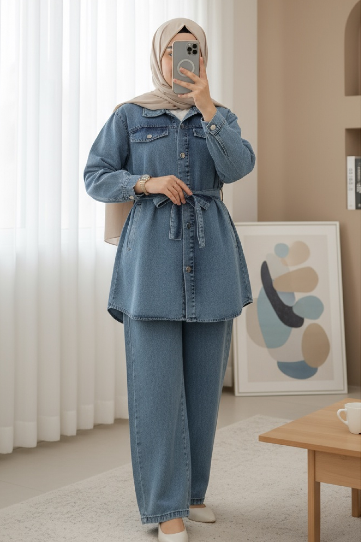Pocketed Waist Belted Buttoned Denim Suit -Ice Blue