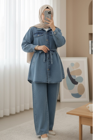 Cepli Beli Kemerli Düğmeli Kot Takım -Buz Mavi