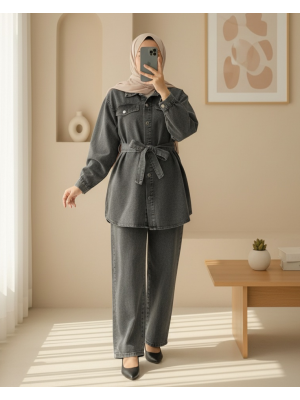 Cepli Beli Kemerli Düğmeli Kot Takım -Füme
