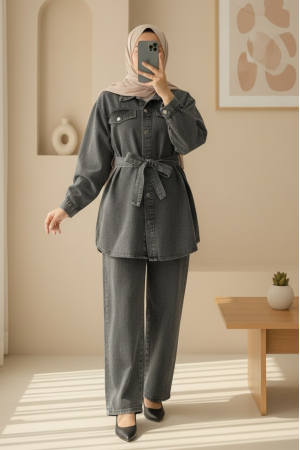 Cepli Beli Kemerli Düğmeli Kot Takım -Füme