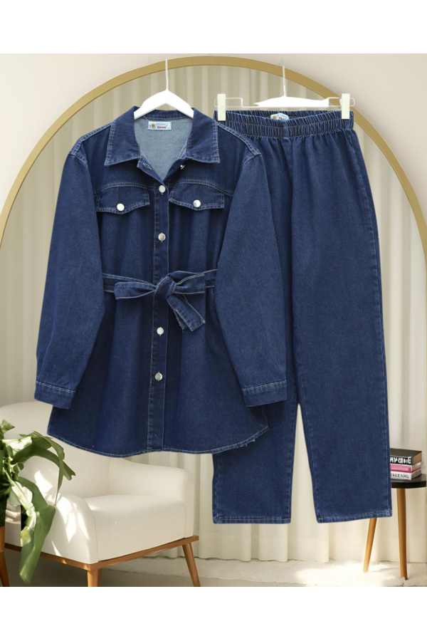 Pocketed Waist Belted Buttoned Denim Suit -Navy blue