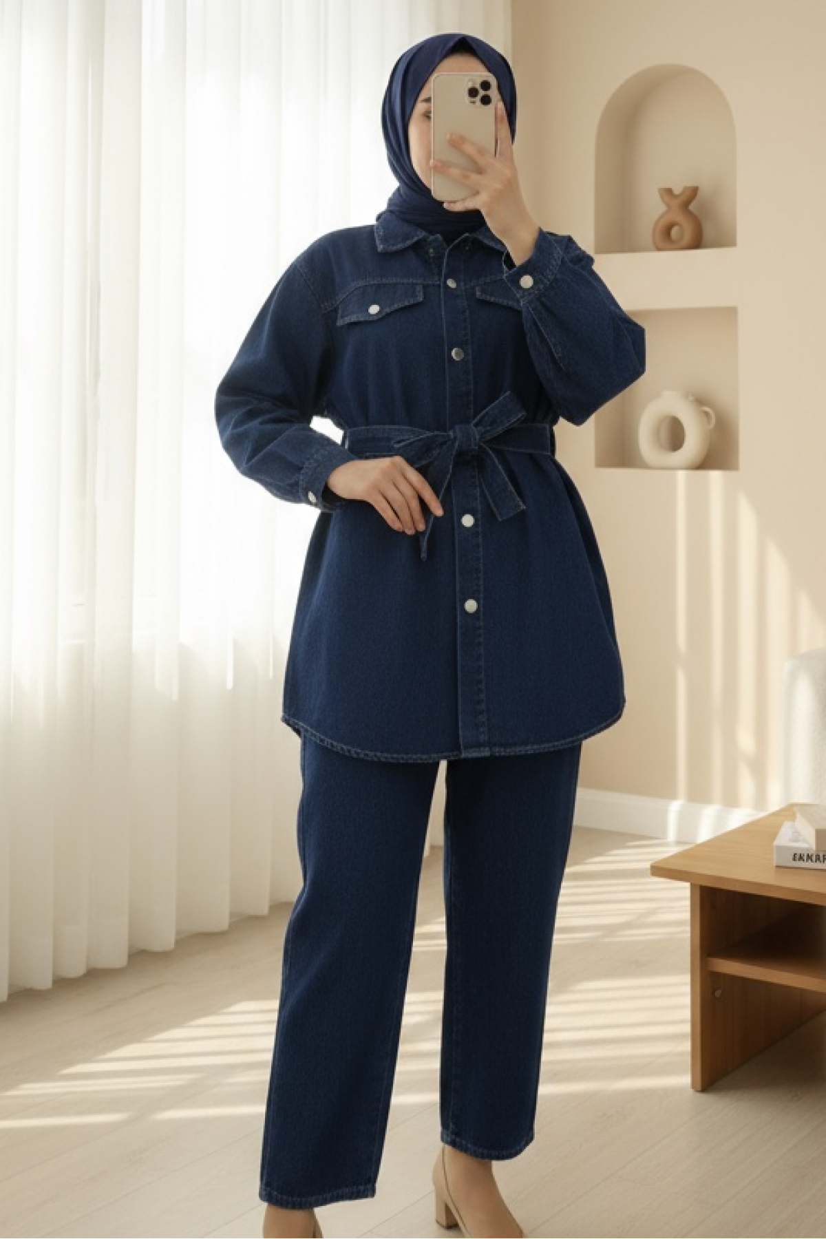 Pocketed Waist Belted Buttoned Denim Suit -Navy blue