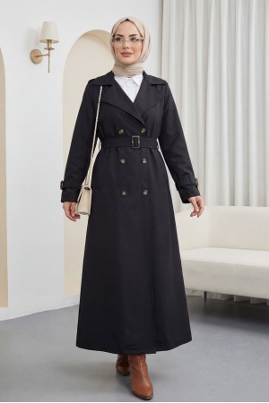 Kolu Ve Omuzu Apoletli Cepli Uzun Trençkot -Siyah