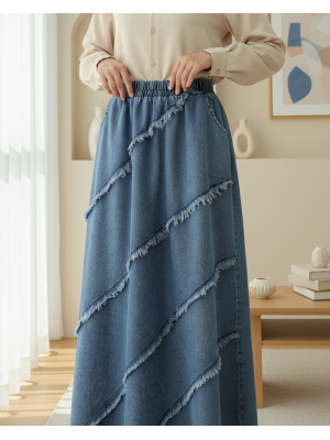 Püskül Detaylı Beli Lastikli Kot Etek  -Mavi