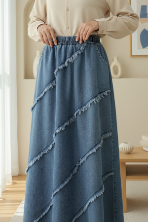 Püskül Detaylı Beli Lastikli Kot Etek  -Mavi