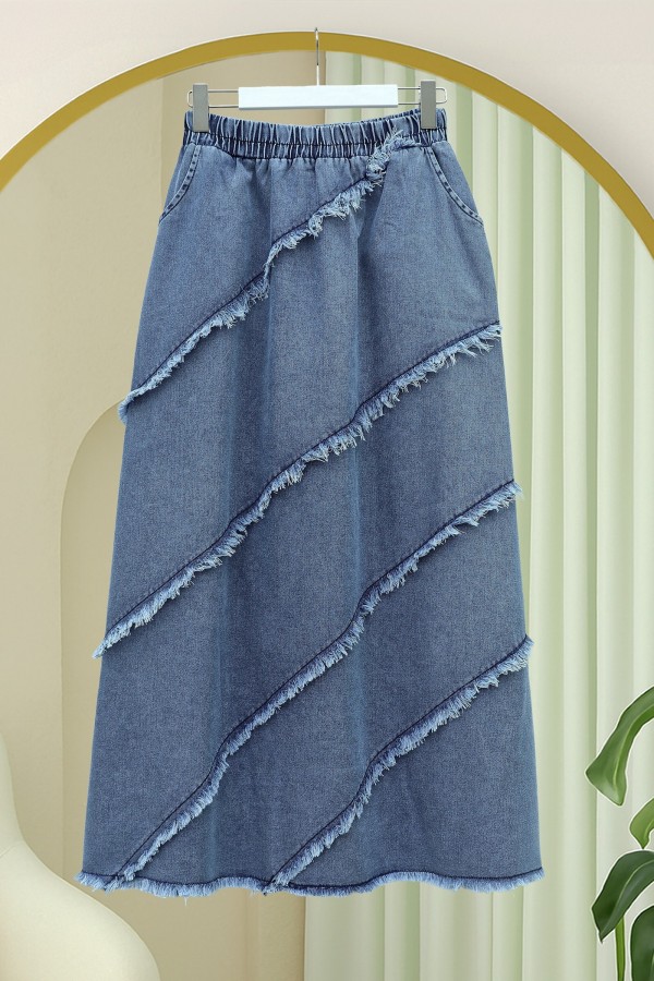 Elastic Waist Denim Skirt with Tassel Detail  -Blue