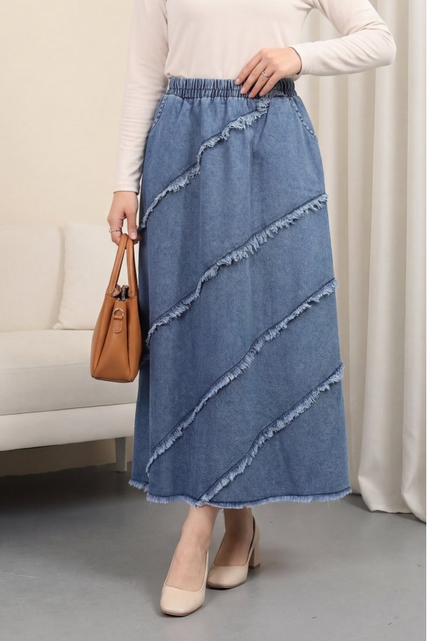 Elastic Waist Denim Skirt with Tassel Detail  -Blue