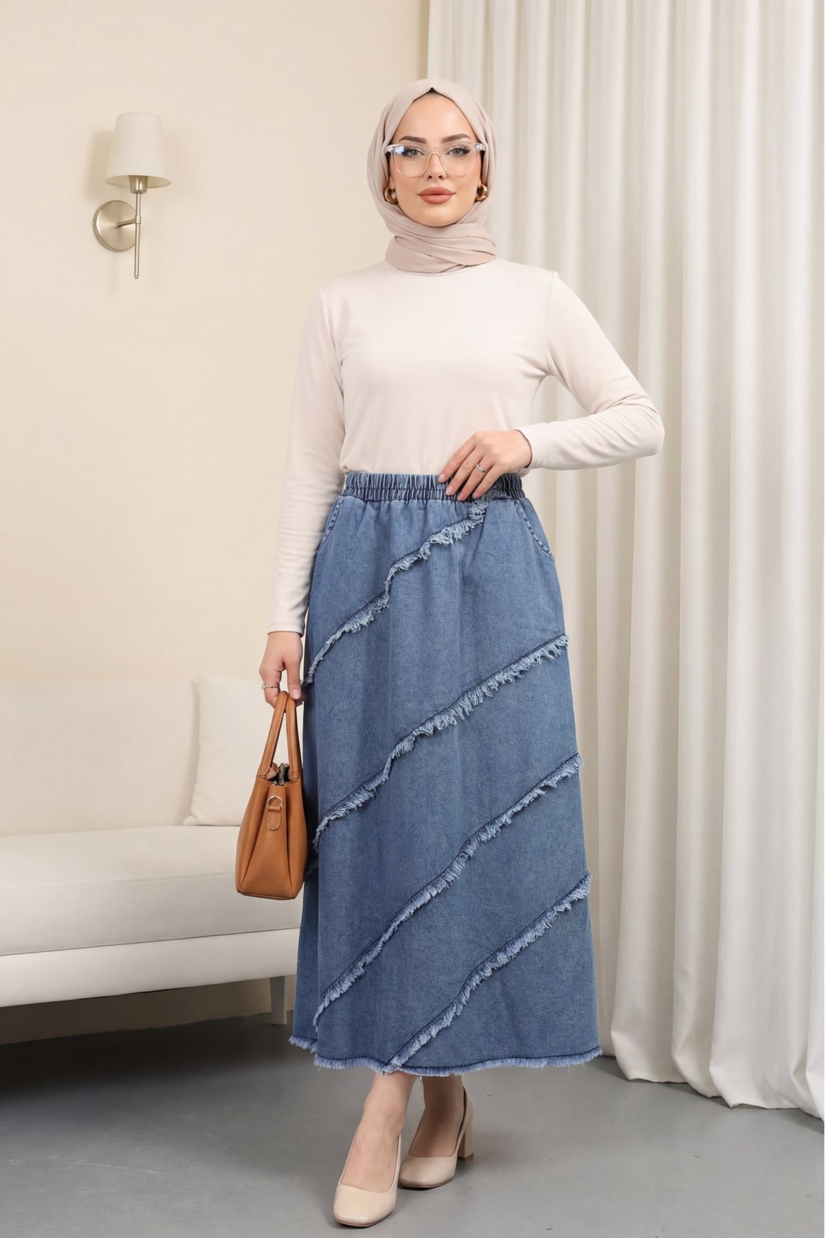 Elastic Waist Denim Skirt with Tassel Detail  -Blue