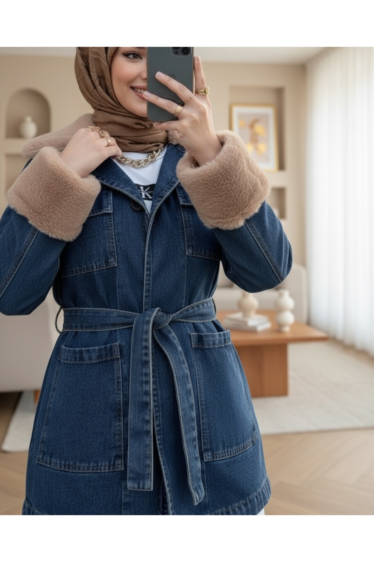 Denim Jacket with Fur Collar and Sleeves, Front Tie and Pocket -İndigo