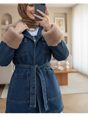 Yakası Ve Kolu Kürklü Önü Bağlamalı Cepli Kot Ceket -İndigo