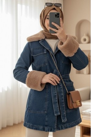 Denim Jacket with Fur Collar and Sleeves, Front Tie and Pocket -İndigo