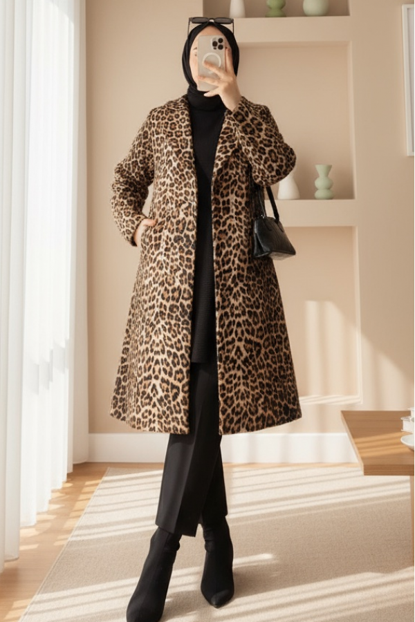 Leopard Patterned Belted Pocket Lined Cashmere Coat -Leopard