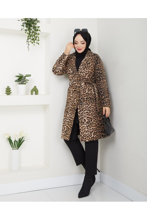 Leopard Patterned Belted Pocket Lined Cashmere Coat -Leopard