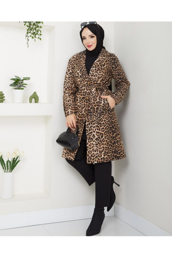 Leopard Patterned Belted Pocket Lined Cashmere Coat -Leopard