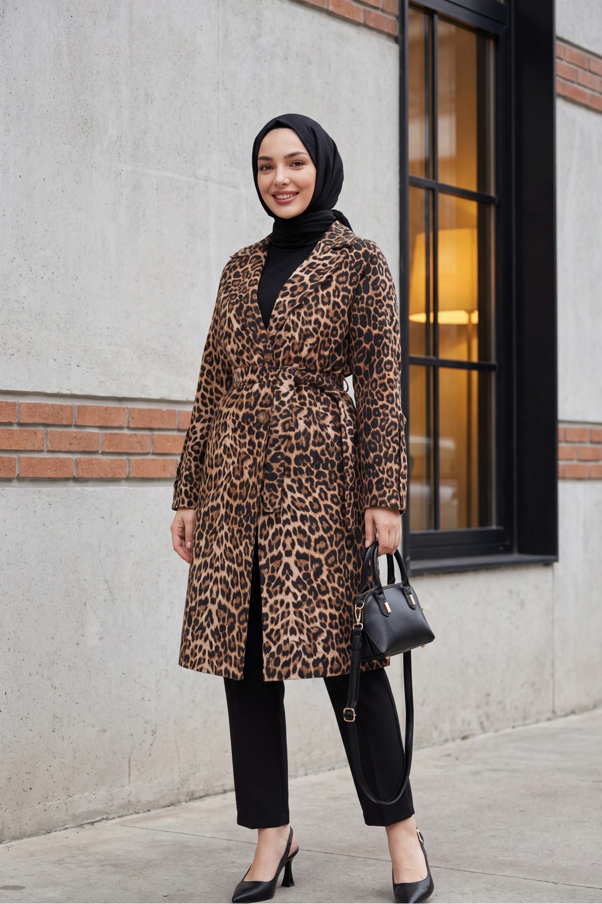 Leopar Desenli Kemerli Cepli Astarlı Kaşe Kap -Leopar