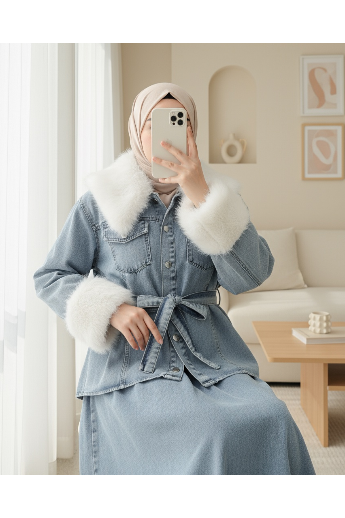 Yakası Ve Kolları Kürklü Beli Kuşaklı Bebe Yaka Kot Takım -Buz Mavi