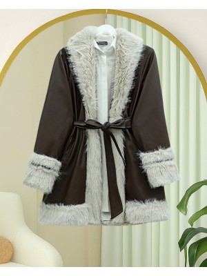 Fur-lined Belted Leather Jacket with Collar and Sleeves -Brown