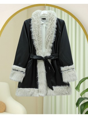 Yakası Ve Kolu Kürklü Astarlı Kemerli Deri Ceket -Siyah