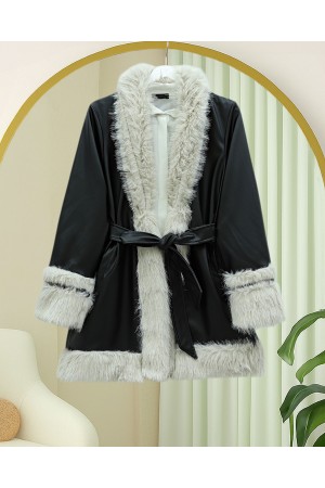Yakası Ve Kolu Kürklü Astarlı Kemerli Deri Ceket -Siyah