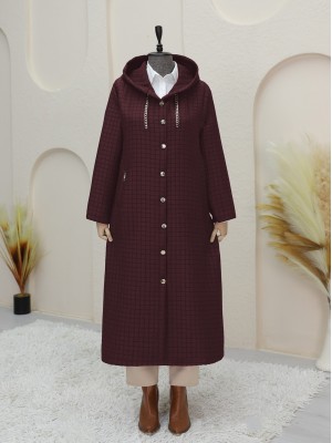Long Quilted Coat with Chain Detail on Collar    -Maroon