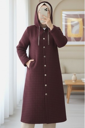 Long Quilted Coat with Chain Detail on Collar    -Maroon
