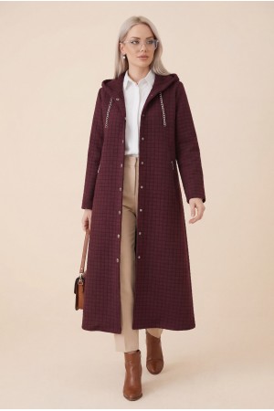 Long Quilted Coat with Chain Detail on Collar    -Maroon