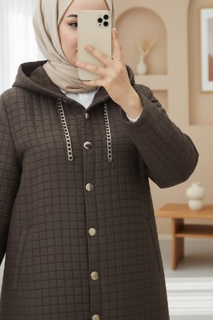 Long Quilted Coat with Chain Detail on Collar    - Soil