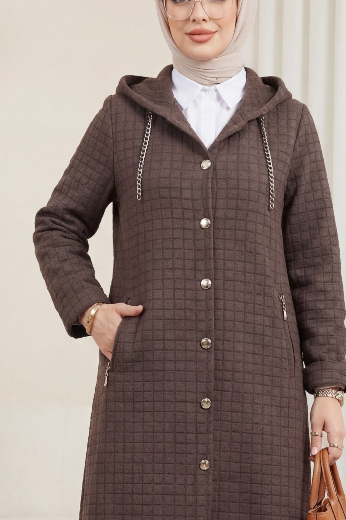 Long Quilted Coat with Chain Detail on Collar    - Soil