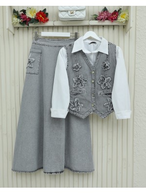 Desenli Etek Beli Lastikli Yelek Etek Kot Takım   -Gri