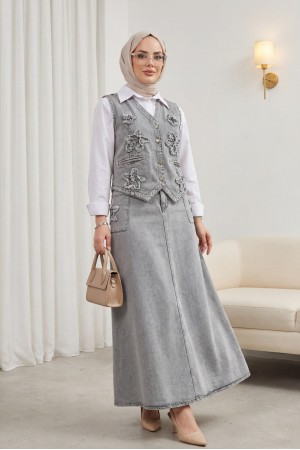 Desenli Etek Beli Lastikli Yelek Etek Kot Takım   -Gri