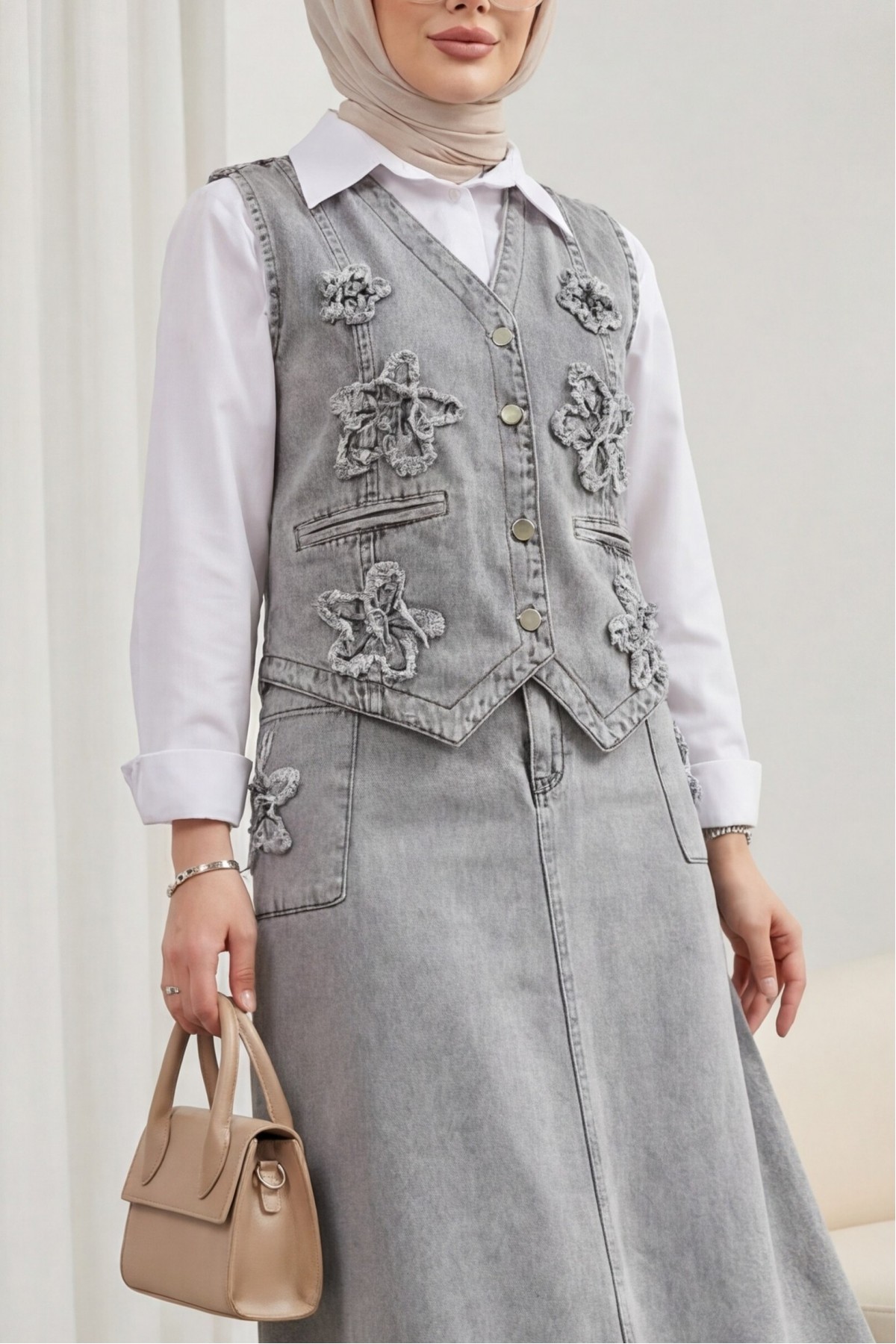 Patterned Skirt Waist Elastic Vest Skirt Denim Set  -Grey