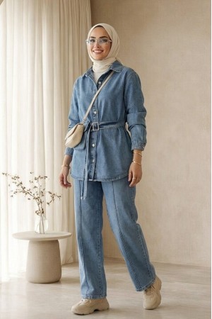 Çanta Cepli Çimalı Pantolonlu Kot Takım -Mavi