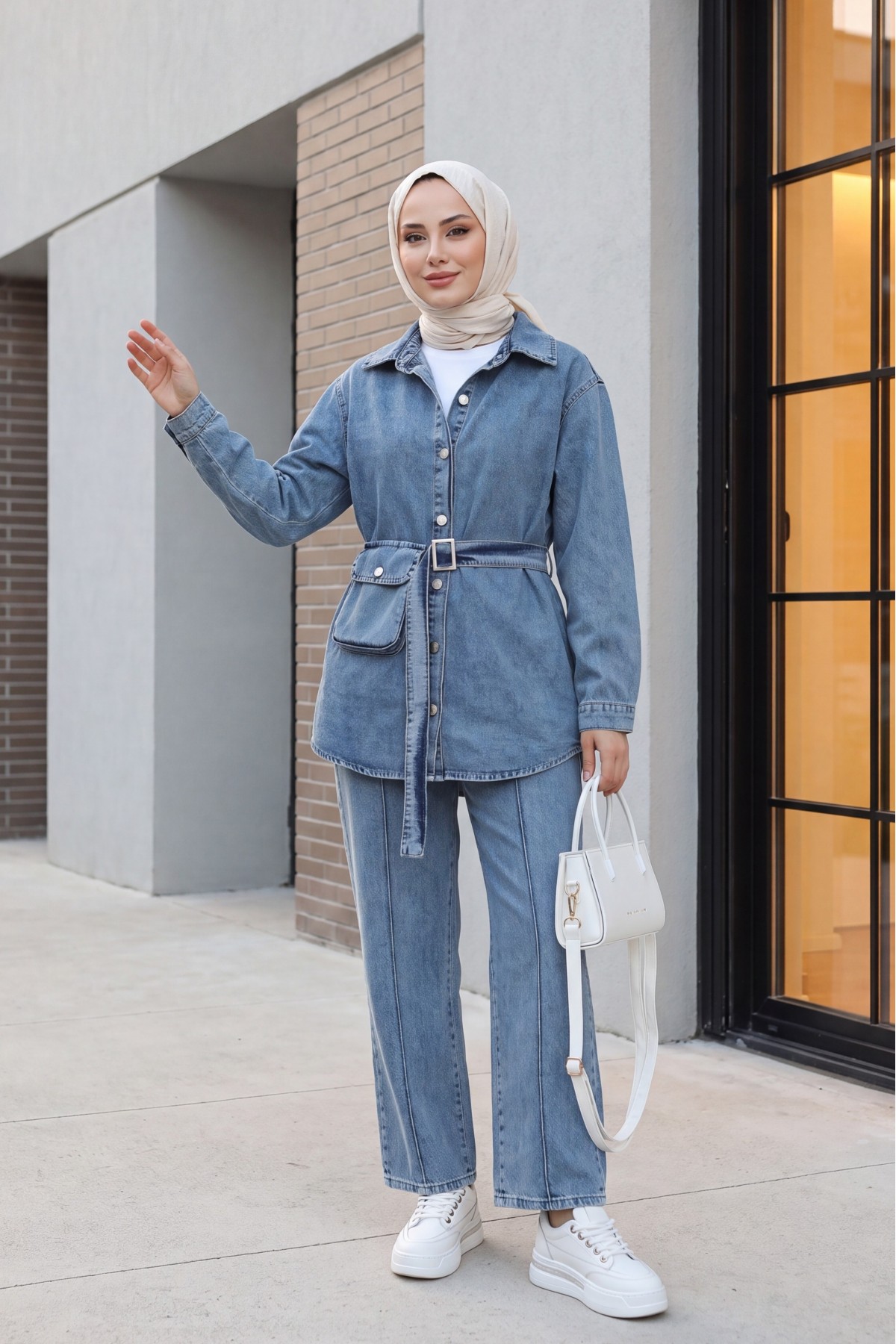 Denim Suit with Pockets and Striped Trousers -Blue detay görseli