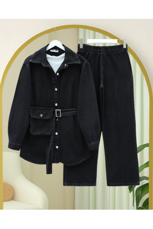 Denim Suit with Pockets and Striped Trousers -Black