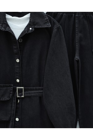 Denim Suit with Pockets and Striped Trousers -Black