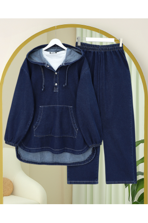 Kanguru Cepli Kapşonlu Önü Çıtçıtlı Kot Takım -Laci