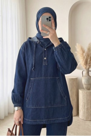 Kanguru Cepli Kapşonlu Önü Çıtçıtlı Kot Takım -Laci