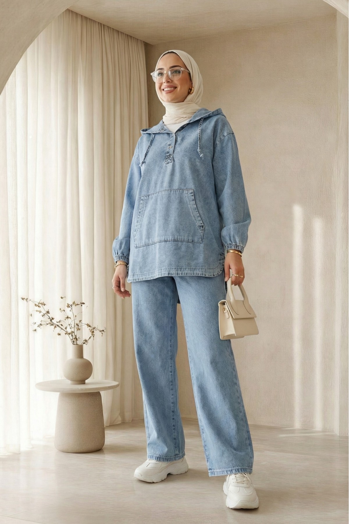Denim Hoodie with Kangaroo Pocket and Snap Button Front -Blue