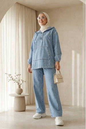 Kanguru Cepli Kapşonlu Önü Çıtçıtlı Kot Takım -Mavi