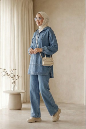 Kanguru Cepli Kapşonlu Önü Çıtçıtlı Kot Takım -Mavi