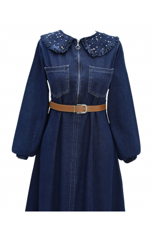 Bebe Yaka Yarım Fermuarlı İnci Detaylı Kemerli Kot Elbise -Laci