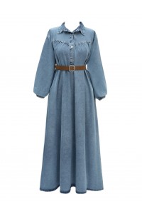 Yarım Düğmeli Kolu Lastikli Kemerli Kot Elbise -Buz Mavi