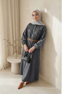 Yarım Düğmeli Kolu Lastikli Kemerli Kot Elbise -Füme