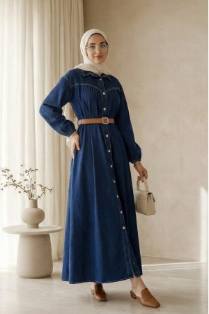 Yarım Düğmeli Kolu Lastikli Kemerli Kot Elbise -Laci