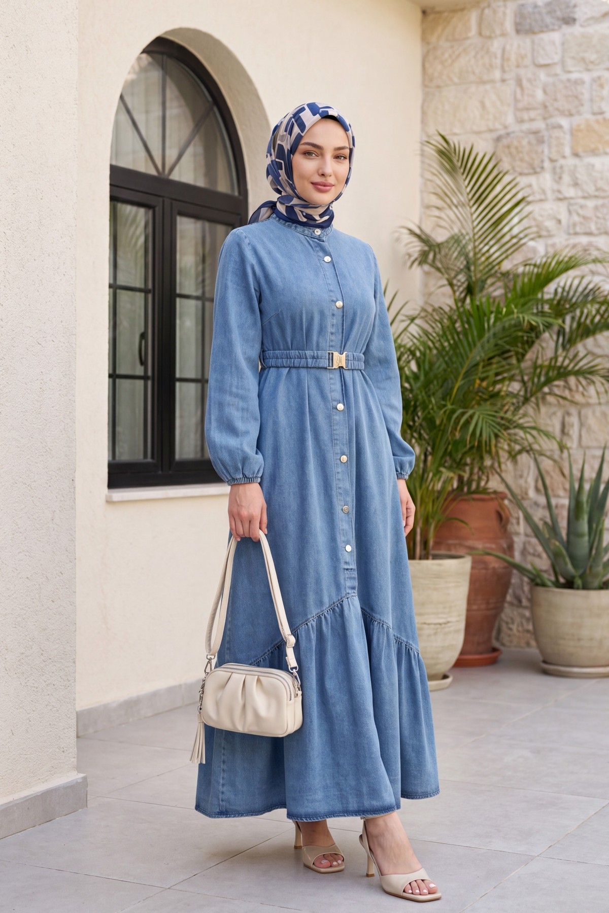 Long Denim Dress with Elastic Waistband and Button Closure -Ice Blue