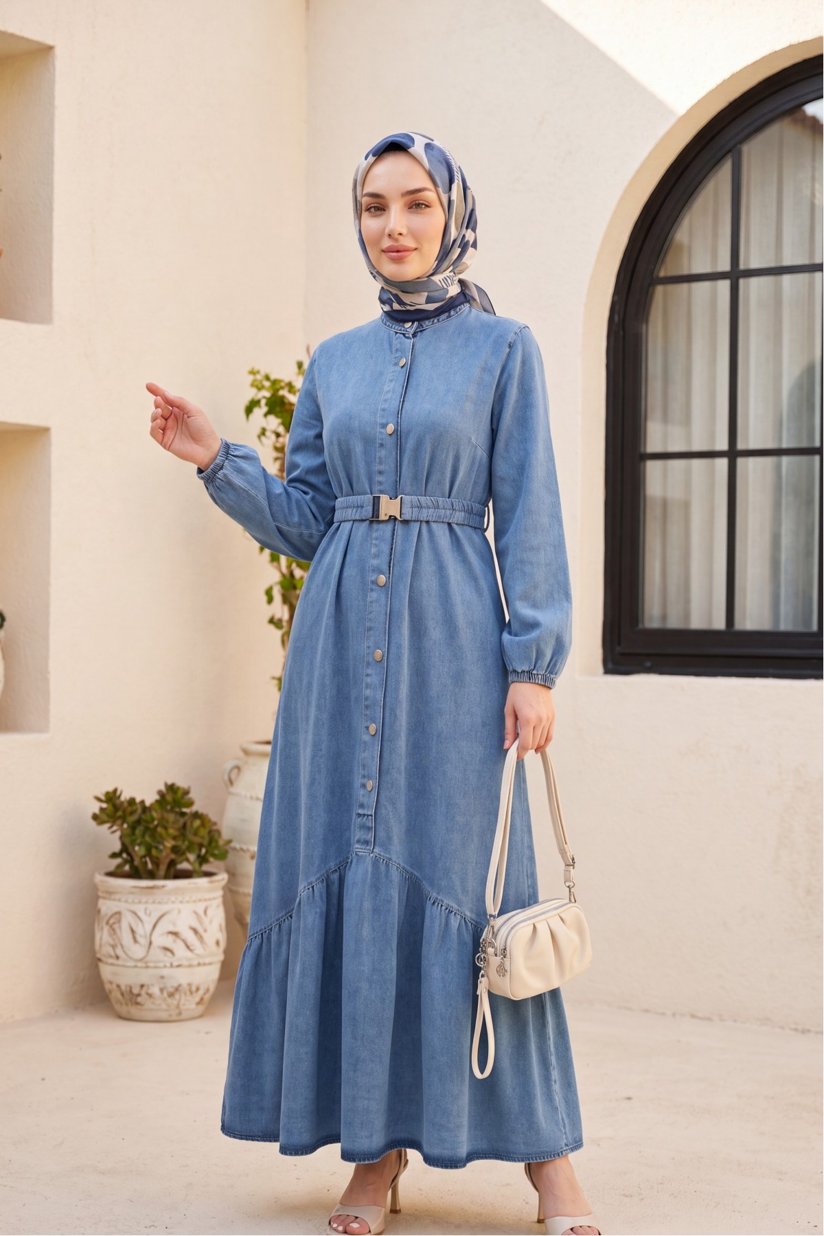 Long Denim Dress with Elastic Waistband and Button Closure -Ice Blue